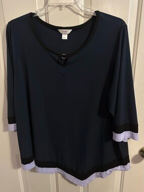 CJ Banks Navy Blue Long Sleeve Top with Black and Lavender Trim